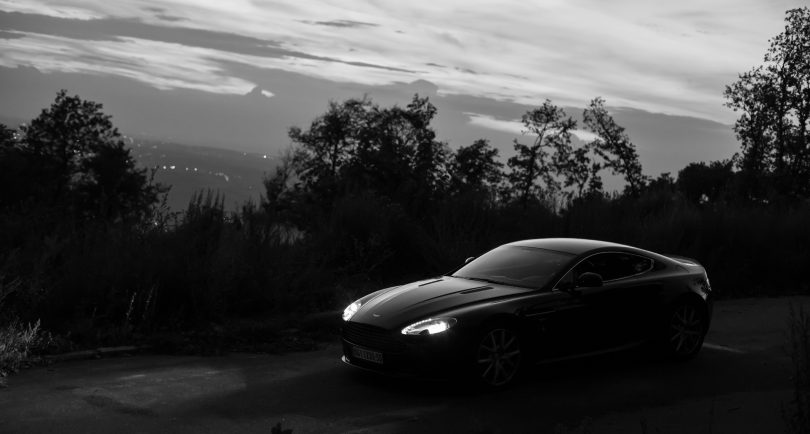 Greyscale Image, Aston Martin against treeline